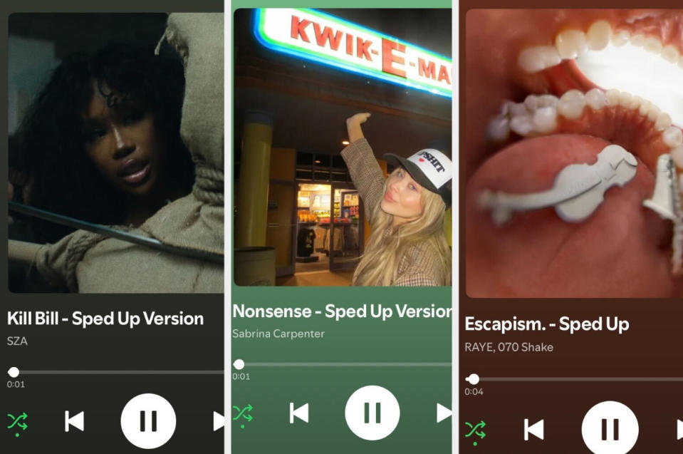 Three split-screen images show: SZA's sped-up version of "Kill Bill," Sabrina Carpenter's sped-up version of "Nonsense," and RAYE, 070 Shake's sped-up version of "Escapism."