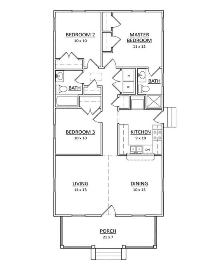 <em>Desain dan denah rumah sederhana 3 kamar teras besar. (Foto: Houseplansservices.com)</em>