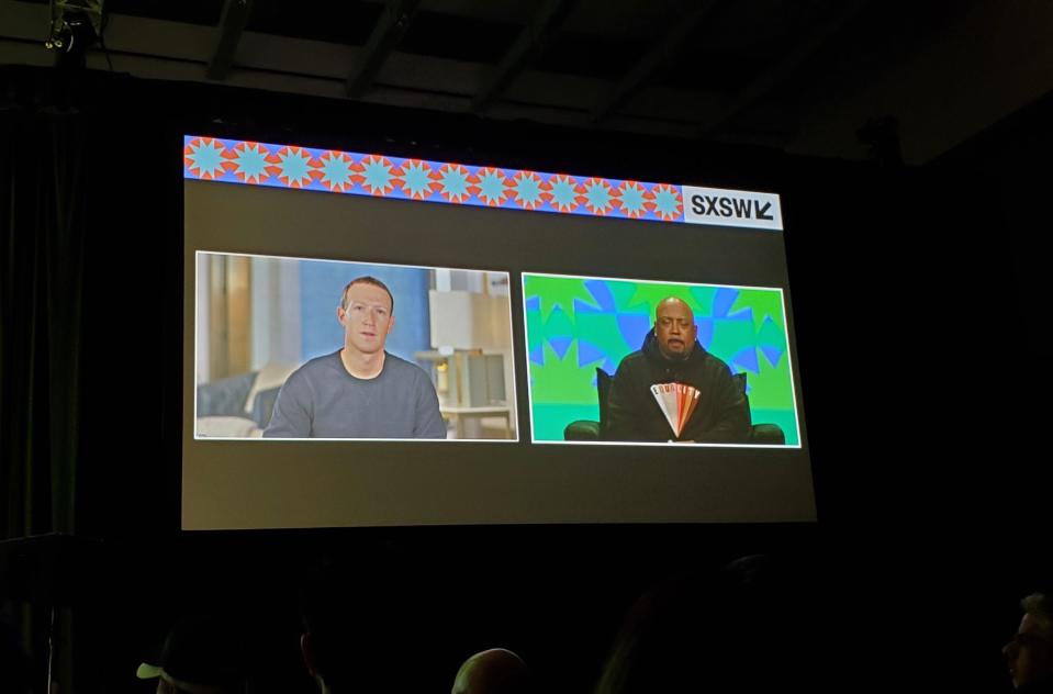 Facebook CEO Mark Zuckerberg appeared virtually at South by Southwest on Tuesday. Zuckerberg was joined in the session by Daymond John, start of "Shark Tank" and CEO of Fubu.