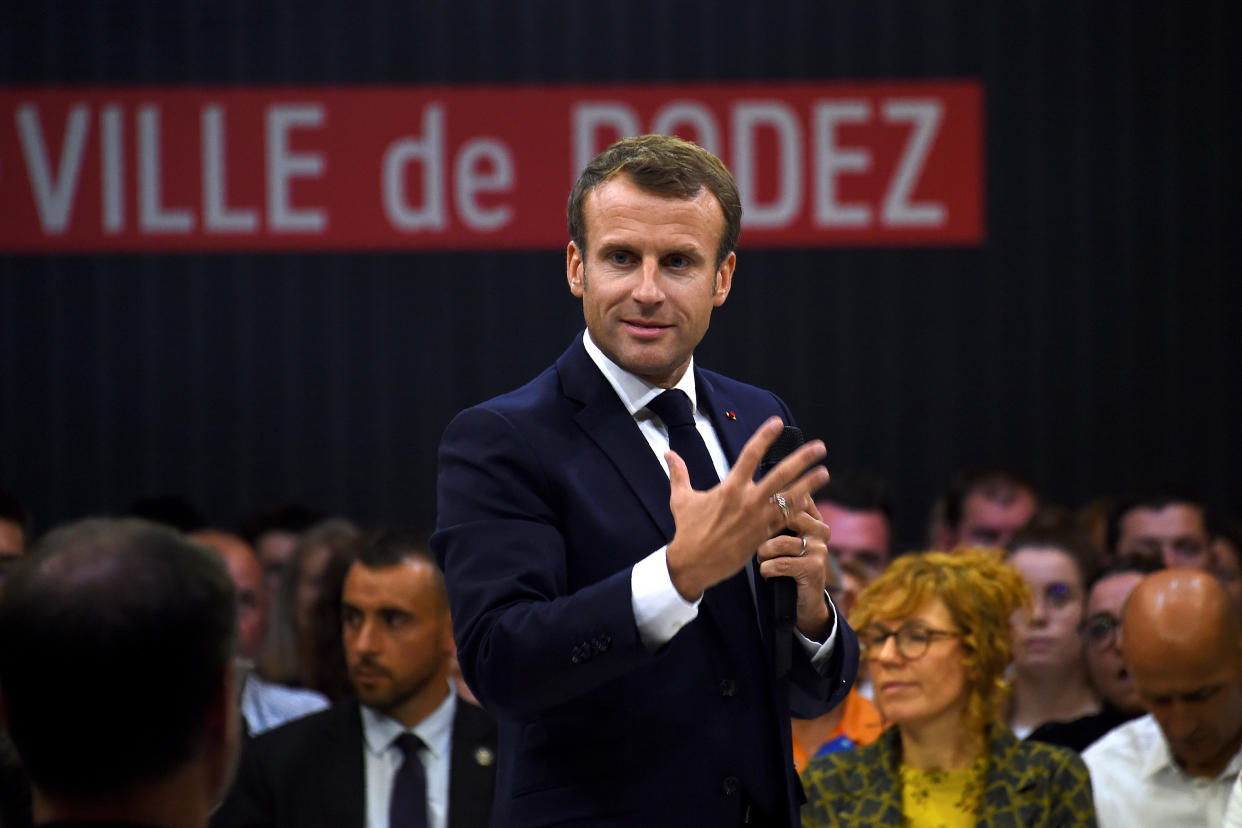 France's President Emmanuel Macron attends a debate on the theme of pensions during a visit to Rodez, France October 3, 2019. Eric Cabanis/Pool via REUTERS