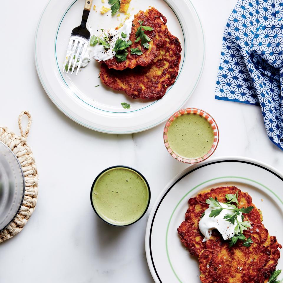 Chickpea Pancakes with Leeks, Squash, and Yogurt