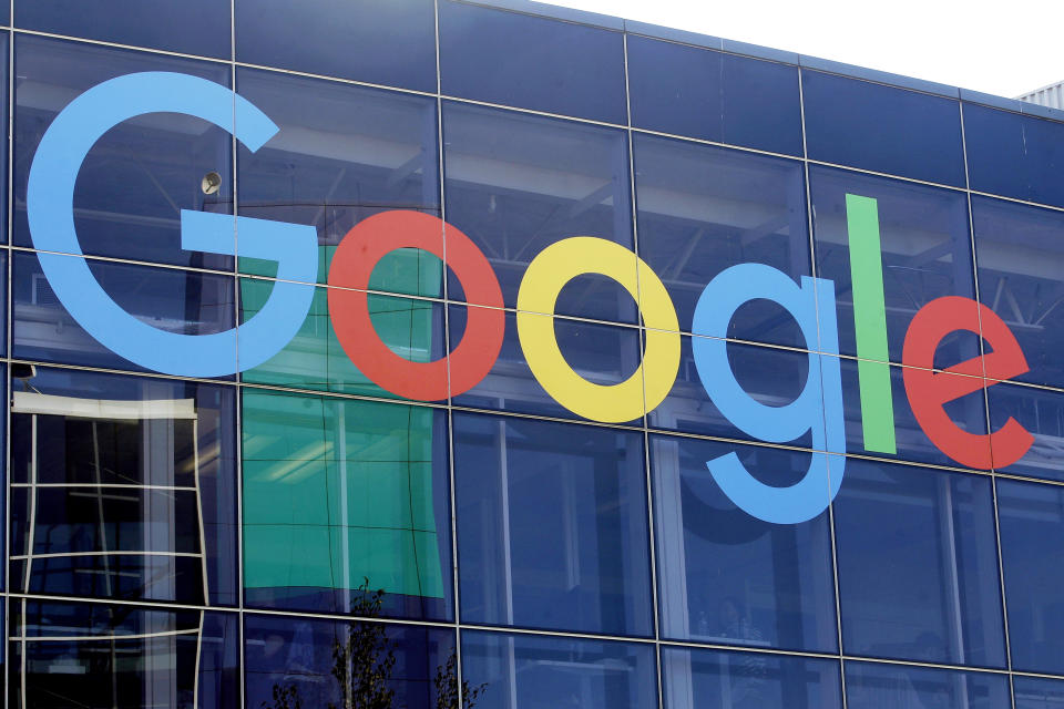 FILE -- A sign is shown on a Google building at their campus in Mountain View, Calif., on Sept. 24, 2019. On Friday, April 12, 2024, Google announced it was testing removing links to California news websites from some people's search results. The search giant said it was preparing in case the Legislature passed a bill requiring it to pay media companies a fee for linking to its content. (AP Photo/Jeff Chiu, File)