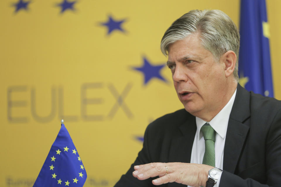 Head of Mission of the European Union Rule of Law Mission in Kosovo Lars-Gunnar Wigemark gestures during an interview with The Associated Press in Kosovo's capital Pristina on Thursday, June 8, 2023. (AP Photo/Visar Kryeziu)