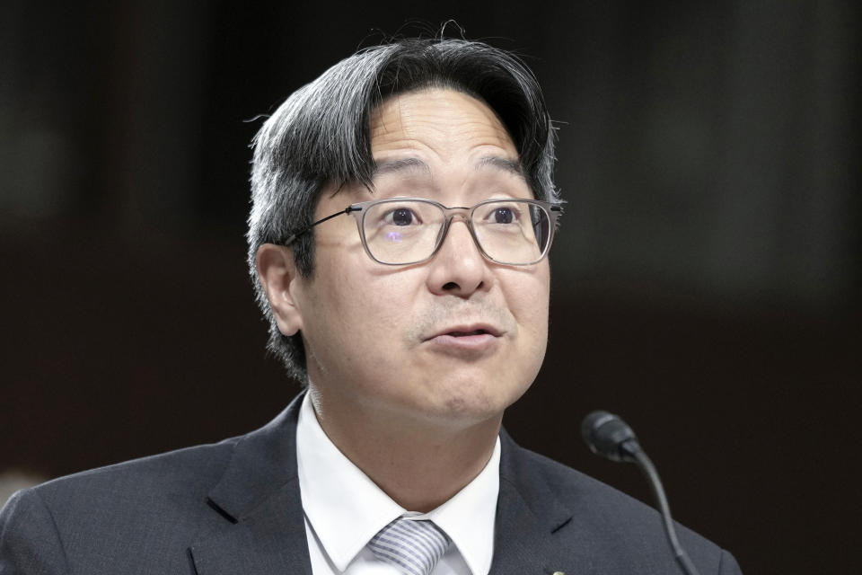 Michael J. Hsu, Acting Comptroller of the Currency, testifies during the Senate Banking, Housing, and Urban Affairs oversight hearing on financial stability, supervision, and consumer protection in the wake of recent bank failures, Thursday, May 18, 2023, on Capitol Hill in Washington. (AP Photo/Mariam Zuhaib)