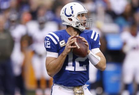 FILE PHOTO: Nov 8, 2015; Indianapolis, IN, USA; Indianapolis Colts quarterback Andrew Luck (12) throws a pass against the Denver Broncos at Lucas Oil Stadium. Mandatory Credit: Brian Spurlock-USA TODAY Sports / Reuters Picture Supplied by Action Images