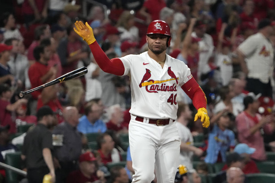 St. Louis Cardinals' Willson Contreras tosses his bat after hitting a solo home run during the fourth inning of a baseball game against the Milwaukee Brewers Monday, Sept. 18, 2023, in St. Louis. (AP Photo/Jeff Roberson)