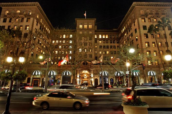 The Beverly Wilshire Hotel at night.