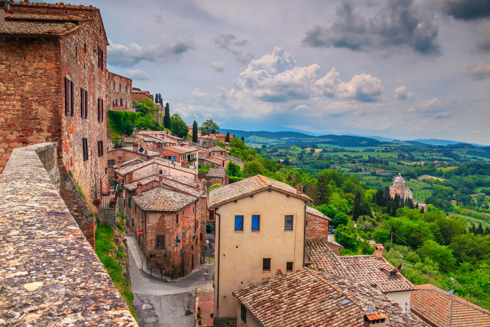 Famous travel and touristic location. Breathtaking Tuscany landscape seen from the walls of Montepulciano, Italy, Europe