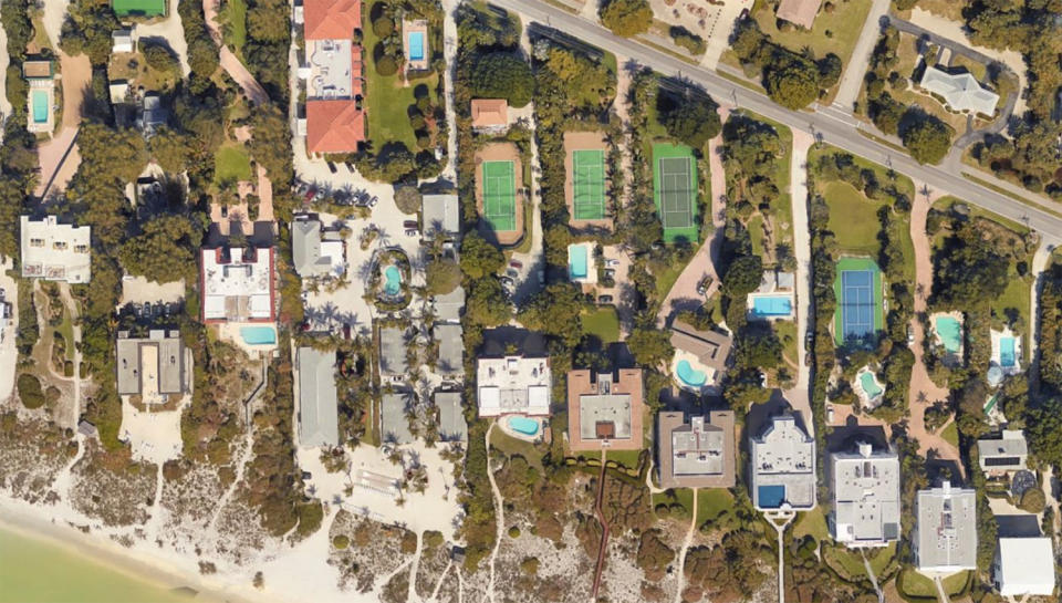 <p>A Sanibel Island neighborhood dotted with tennis courts and swimming pools before the storm</p>