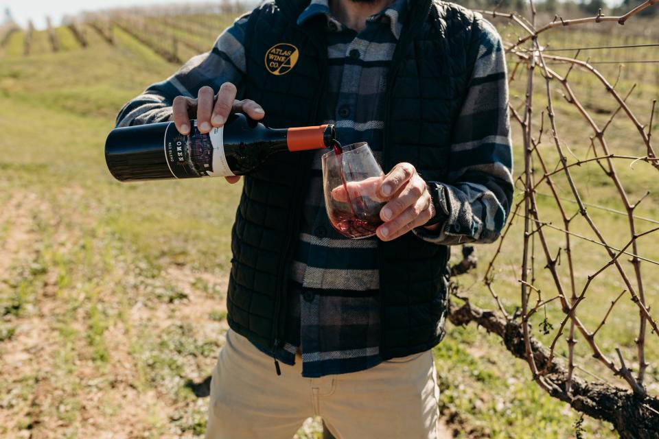 Man pouring wine from bottle into wine glass outside in vineyard