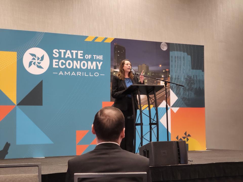 Dr. Anne Macy, a professor at West Texas A&M, was the keynote speaker Wednesday at the Amarillo Economic Development Corporation's 'State of the Economy' luncheon.