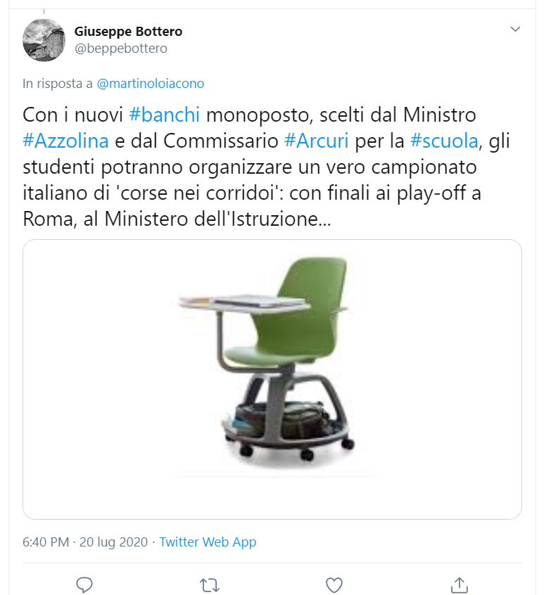 Tra le polemiche sui costi si inserisce la fantasia degli utenti social che ha immaginato i banchi come "auto a scontro" durante la ricreazione. C'è poi chi si è accorto che potrebbero essere utili per scolare la pasta, visto i fori dove si ripongono gli zaini. Qualcuno ha giocato con le parole tirando fuori l'espressione "banchi di nebbia" per esprimere una mancanza di visione nella creazione della scuola del futuro.