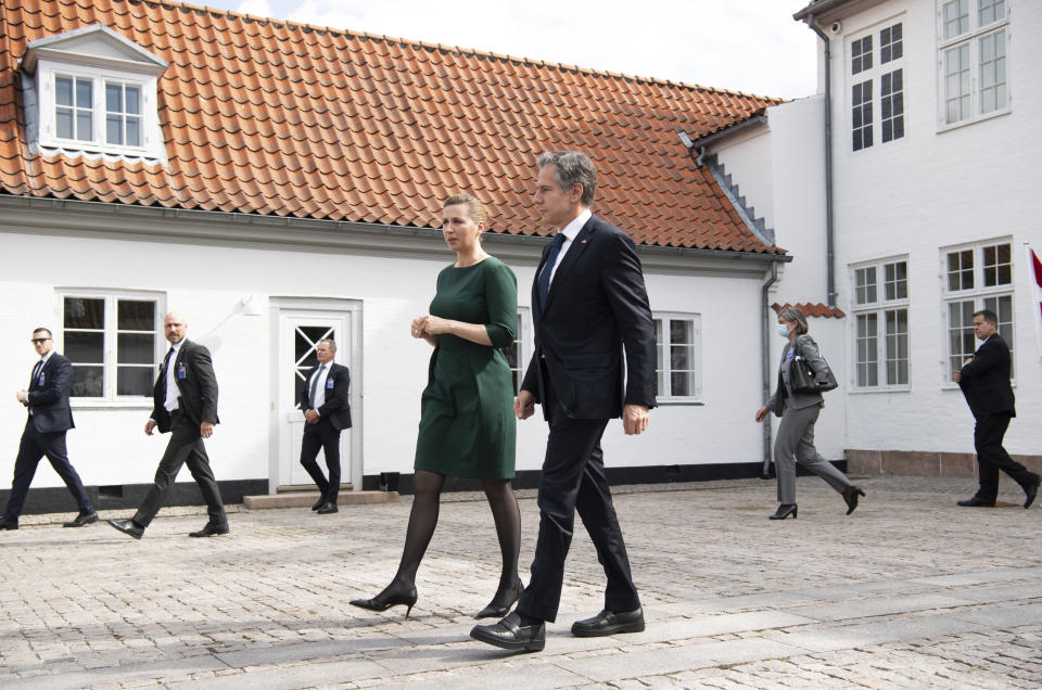 Danish Prime Minister Mette Frederiksen walks with US Secretary of State Antony Blinken as he leaves following meetings at Marienborg, the official residence of the Prime Minister, in Copenhagen, Denmark, May 17, 2021. U.S. Secretary of State Antony Blinken is in Denmark for talks on climate change, Arctic policy and Russia as calls grow for the Biden administration to take a tougher and more active stance on spiraling Israeli-Palestinian violence. (Saul Loeb/Pool photo via AP)