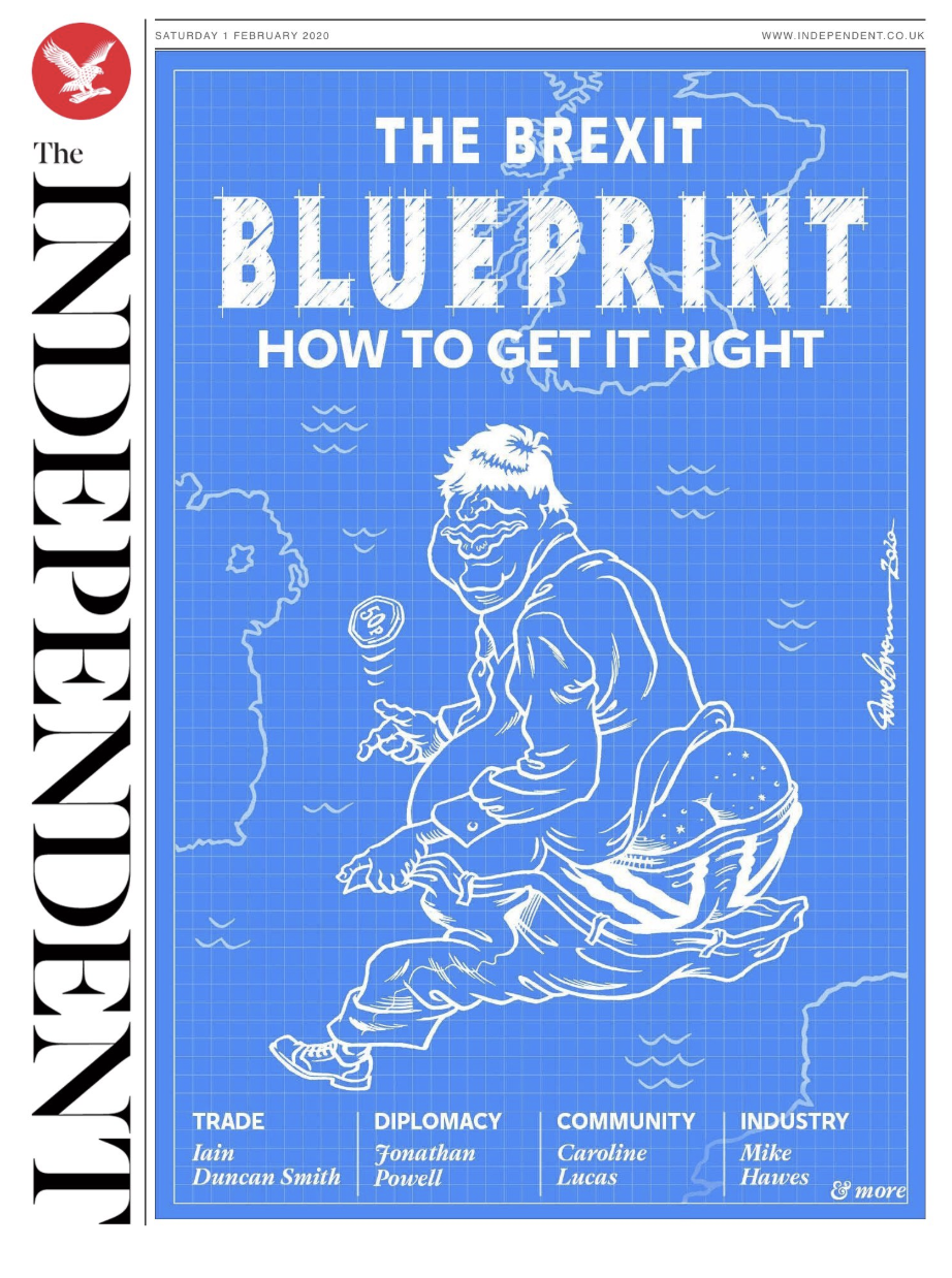The Independent has a Brexit blueprint to "get it right", with an image of Boris Johnson in the shape of Britain.
