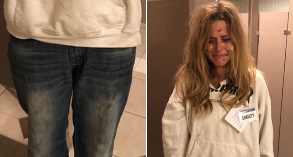Christy Cooper is pictured crying. Her son's jeans, with blood stains, are also pictured. She's wearing them.