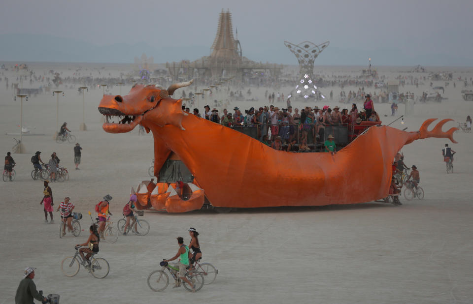 <p>The mutant vehicle Abraxas travels across the playa as approximately 70,000 people from all over the world gathered for the annual Burning Man arts and music festival in the Black Rock Desert of Nevada, Sept. 1, 2017. (Photo: Jim Urquhart/Reuters) </p>