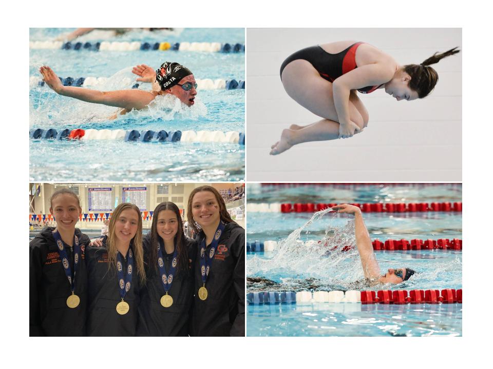 Some of the members of the 2023-24 Erie Times-News District 10 Girls Swimming All-Stars include the following, clockwise from top left: Cathedral Prep's Maria Costa; Fairview's Katie George; Cathedral Prep 200 freestyle relay PIAA championship team of Kendal Johnston, from left, Maria Costa, Jaslene Cage and Josie Dufala; and McDowell's Havana Austin.