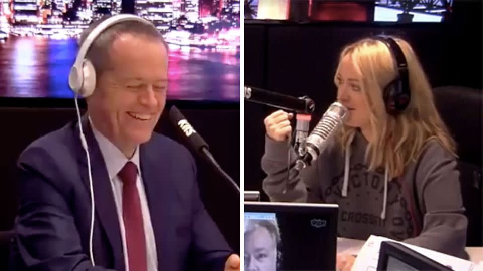 Bill Shorten giggles while answer the awkward and salacious questions. Photo: Facebook/KyleandJackieO