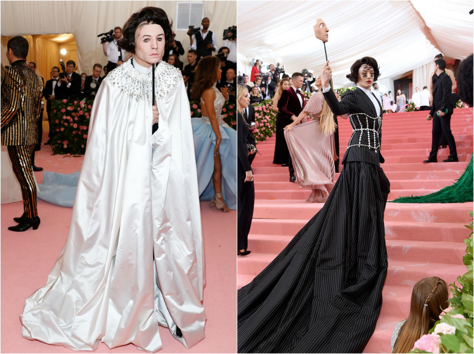 <p>Los estilismos de Ezra Miller no tienen termino medio: o los amas o los odias. En esta ocasión apostó por un Burberry que parecía sacado del vestuario de ‘El fantasma de la ópera’, aunque lo que más llamó la atención fueron sus siete ojos. (Foto: Andrew Kelly / Reuters / Jamie McCarthy / Getty Images). </p>