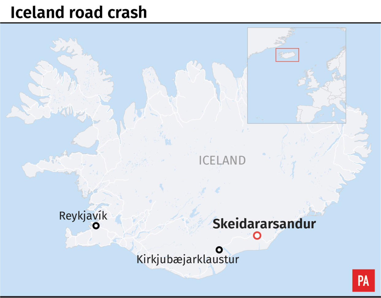 The location of a crash which claimed the lives of three British tourists, including a child, in Iceland. PA