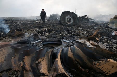 FILE PHOTO: Emergencies Ministry member walks at a site of a Malaysia Airlines Boeing 777 plane crash near the settlement of Hrabove in the Donetsk region