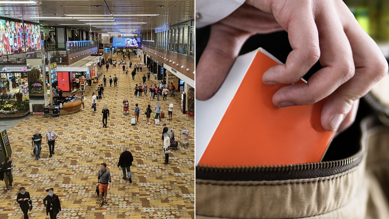 Changi Airport Terminal 1 transit area (left) and closeup of woman's hand shoplifting (Photos: Getty Images)