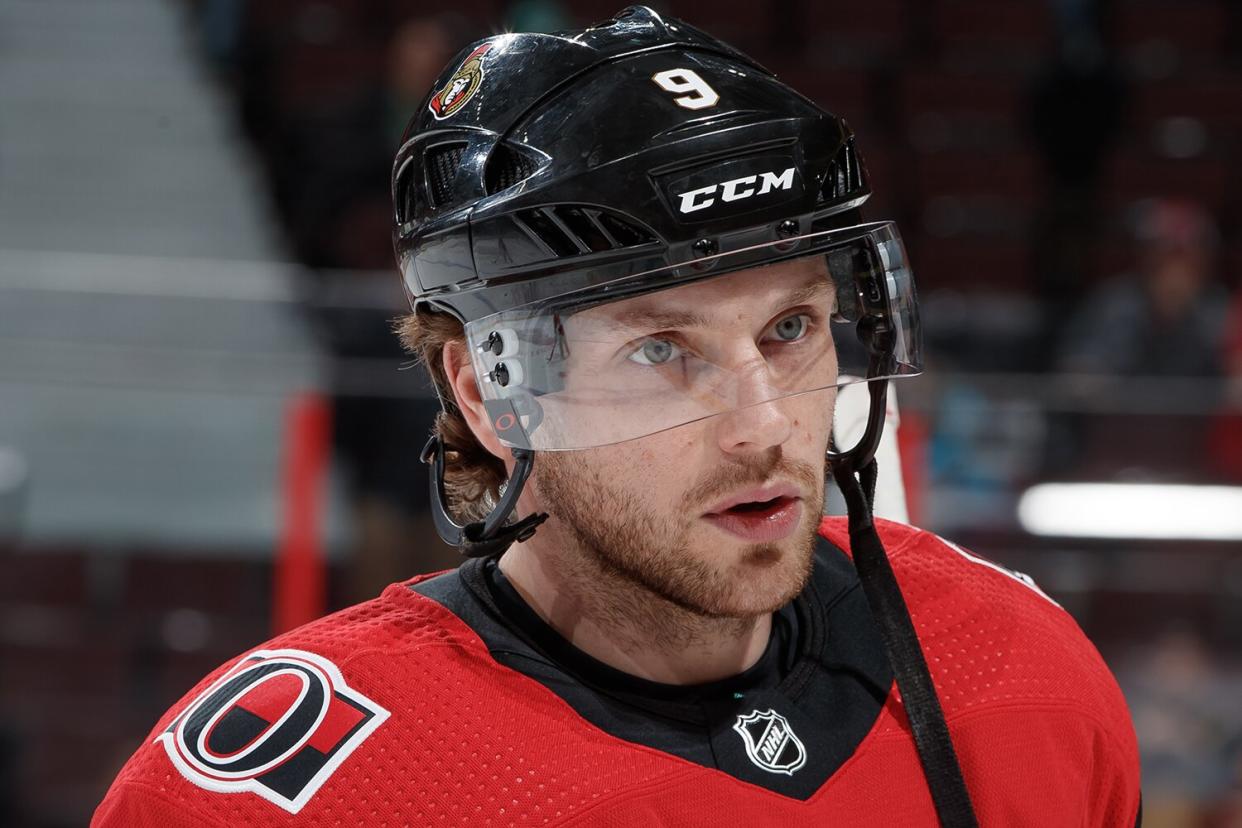 Bobby Ryan #9 of the Ottawa Senators warms up prior to a game against the Vancouver Canucks at Canadian Tire Centre on February 27, 2020 in Ottawa, Ontario, Canada.