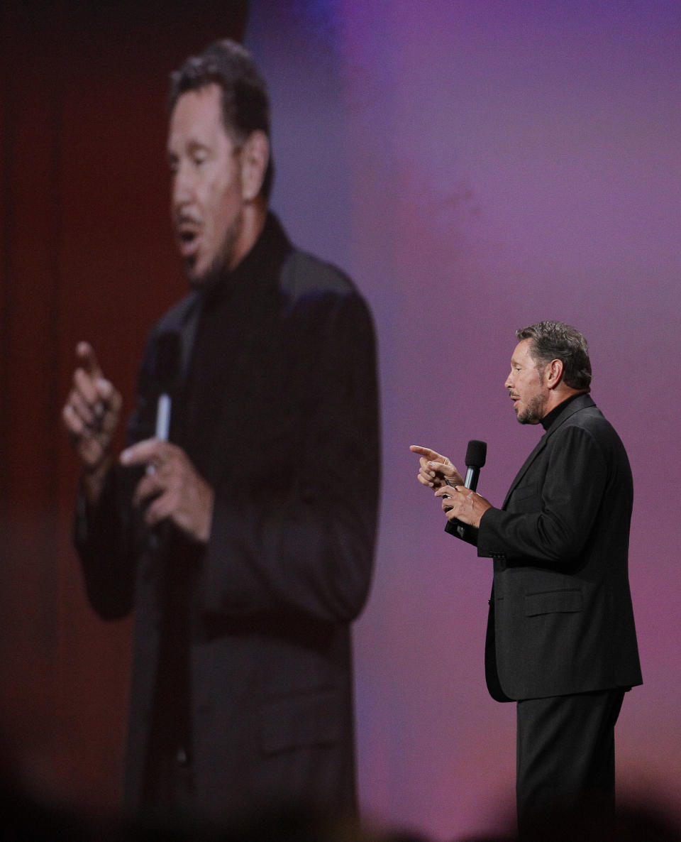 Oracle CEO Larry Ellison gives a keynote address at Oracle OpenWorld in San Francisco, Tuesday, Oct. 2, 2012. Ellison says he plans to turn the Hawaiian island that he recently bought into a laboratory for experimenting with more environmentally sound ways of living. Ellison says he hopes to convert sea water into fresh water on the 141-mile-square (365-square-kilometer) mile island of Lanai. He also wants more electric cars on the island and hopes to increase its fruit exports to Japan and other markets. (AP Photo/Eric Risberg)