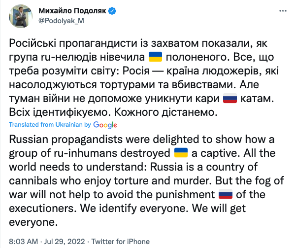 Mykhailo Podolyak, adviser to Ukrainian President Volodymyr Zelenskyy, tweeted that the clip showed the Russian soldiers enjoyed 