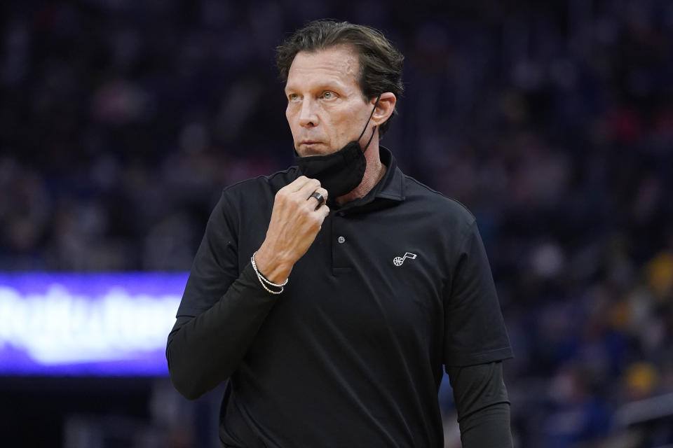 Utah Jazz head coach Quin Snyder watches during the first half of his team's NBA basketball game against the Golden State Warriors in San Francisco, Sunday, Jan. 23, 2022. (AP Photo/Jeff Chiu)