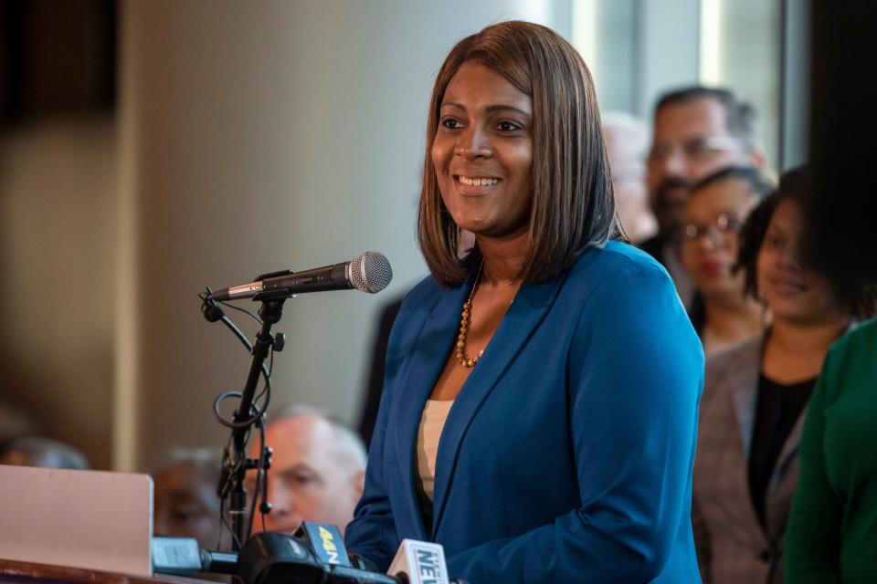 Evansville Mayor-elect Stephanie Terry introduces her transition team during a press conference at Ford Center in Downtown Evansville, Ind., Wednesday morning, Nov. 29, 2023.