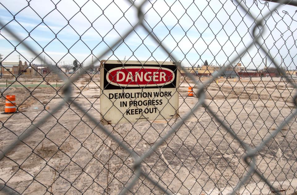 A sign warns people to stay out of the former Mirro plant land, Thursday, March 17, 2022, in Manitowoc, Wis.
