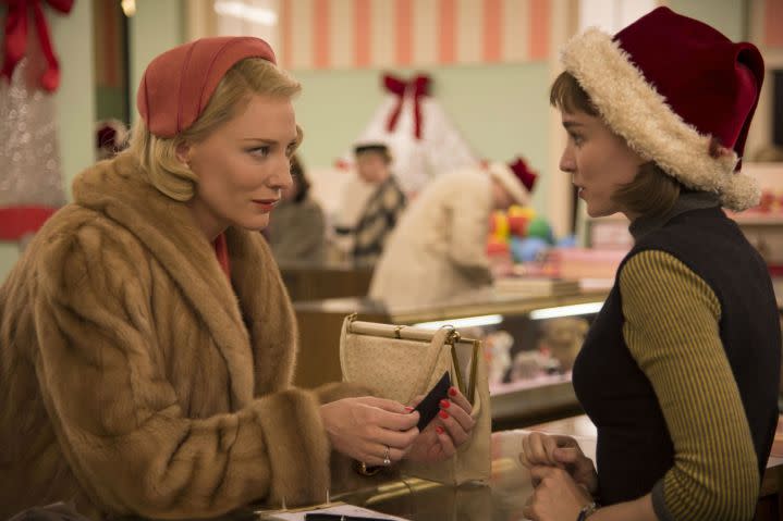 Cate Blanchett and Rooney Mara as Carol and Therese talking in Carol.