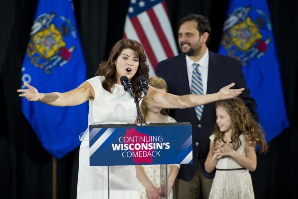 <div class="inline-image__title">458421892</div> <div class="inline-image__caption"><p>Lt. Gov. Rebecca Kleefisch greets the crowd at Gov. Scott Walker's election night party November 4, 2014 in West Allis, Wisconsin.</p></div> <div class="inline-image__credit">Darren Hauck</div>