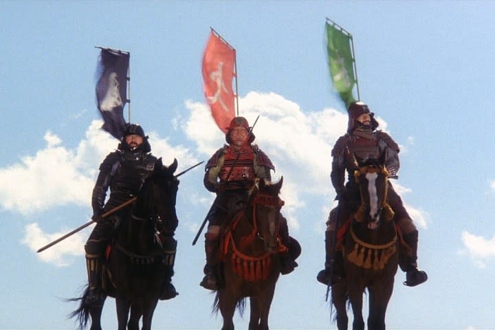 Three Japanese generals sit on their horses in Kagemusha.