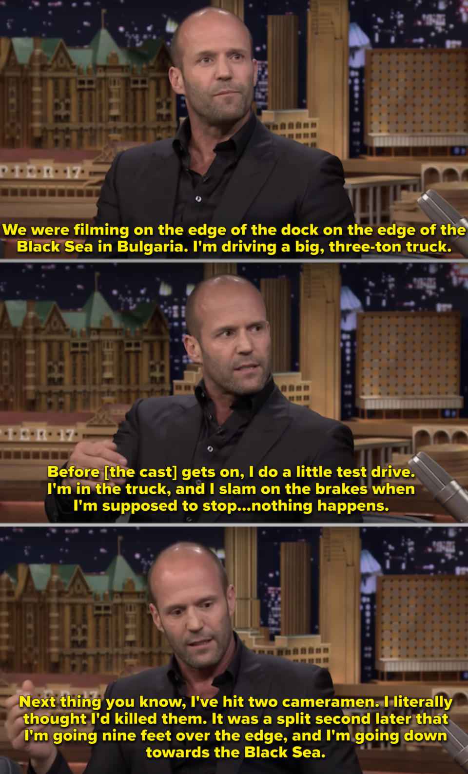 Jason Statham telling the story on "The Tonight Show"