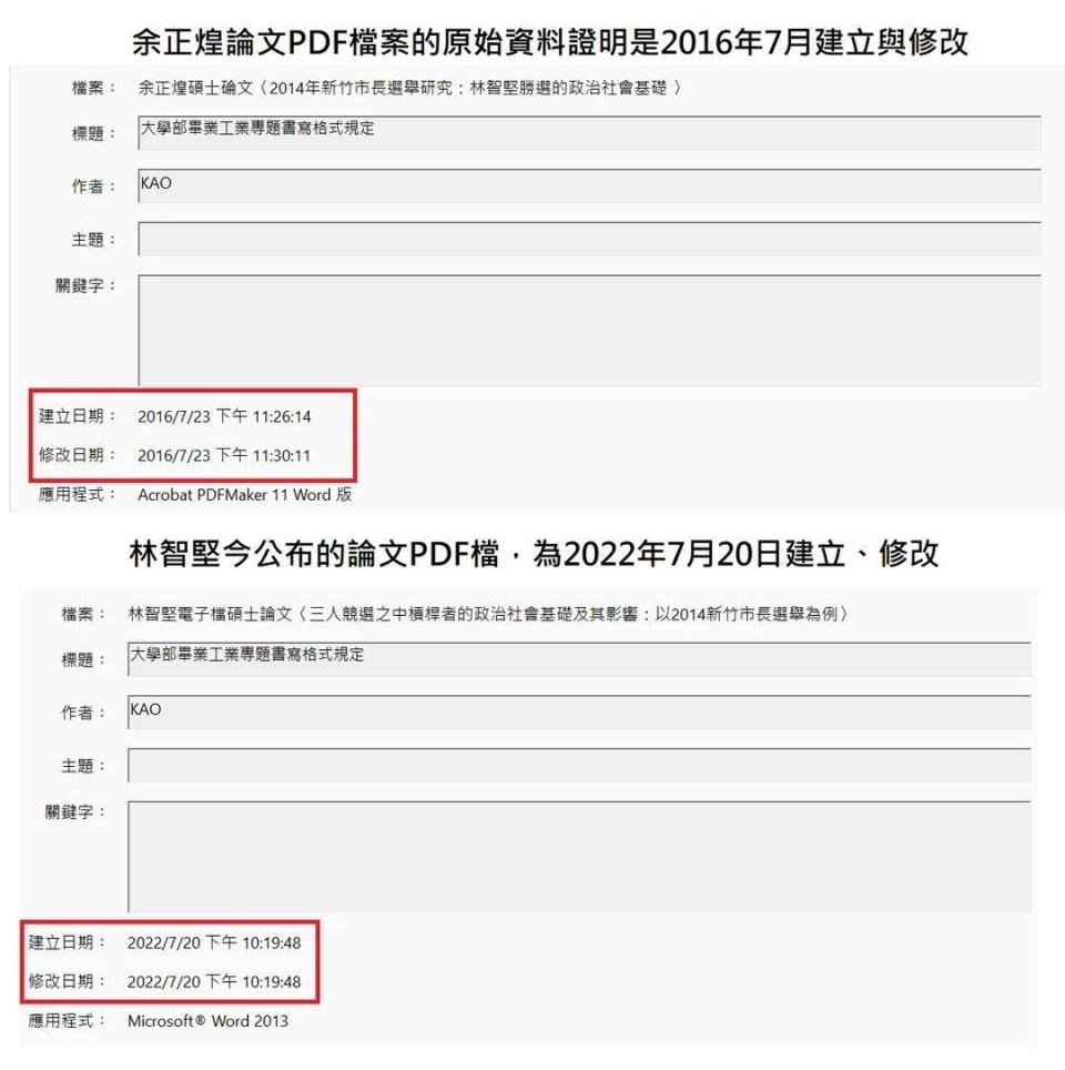 王鴻薇點出林智堅和余正煌的論文建檔時間有問題。（圖／翻攝自王鴻薇臉書）