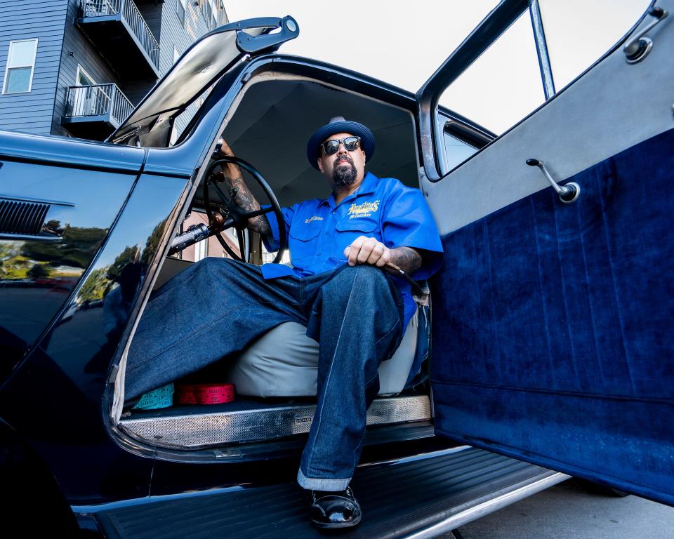 Eric Ramos, Chapter President of Ranflitas Milwaukee car club, sits in his 1935 Packard at the 5th Annual "El Grito en Calle 5" Car Show and Festival hosted by Ranflitas Milwaukee on Saturday September 23, 2023 in Milwaukee, Wis.