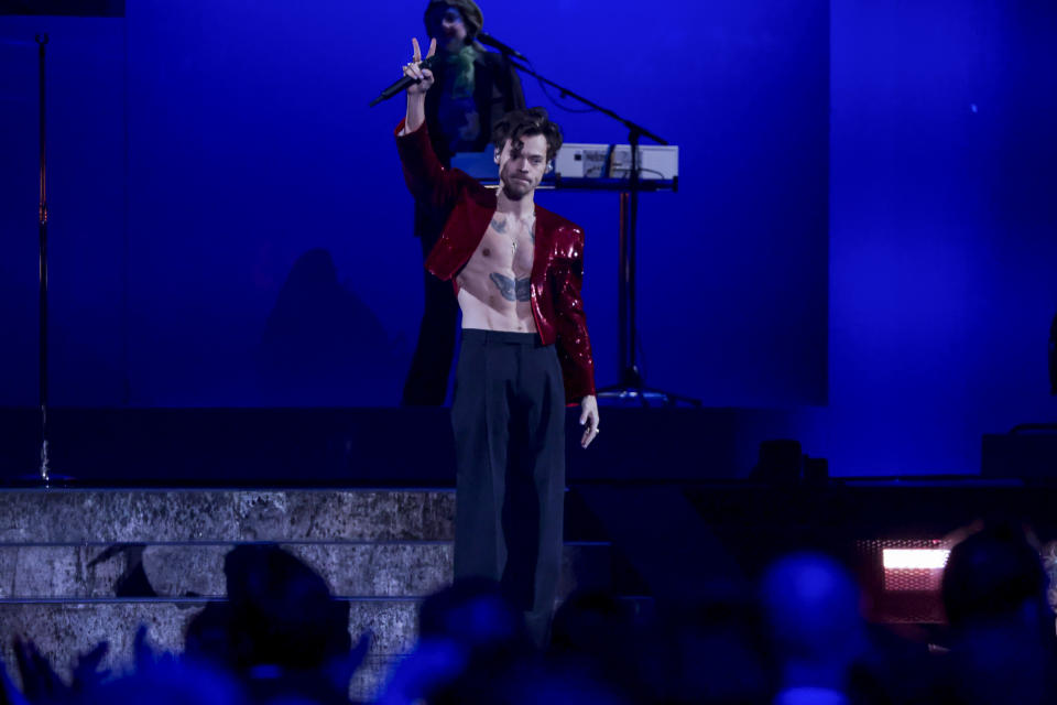 Harry Styles performs at the Brit Awards 2023 in London, Saturday, Feb. 11, 2023. (Photo by Vianney Le Caer/Invision/AP)