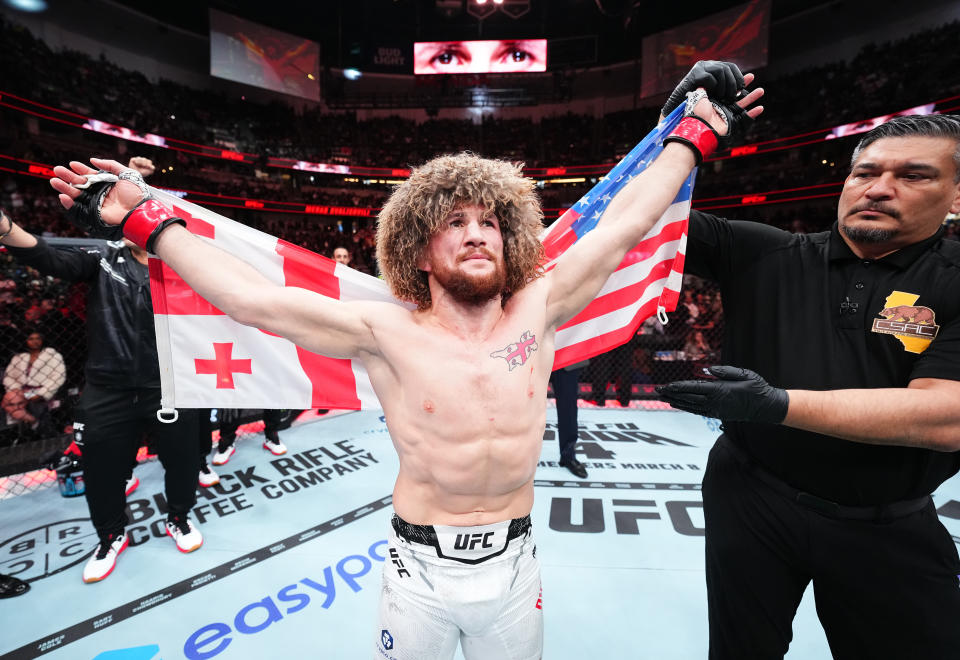 ANAHEIM, CALIFORNIA - FEBRUARY 17: Merab Dvalishvili of Georgia reacts after his victory against Henry Cejudo in a bantamweight fight during the UFC 298 event at Honda Center on February 17, 2024 in Anaheim, California. (Photo by Chris Unger/Zuffa LLC via Getty Images)