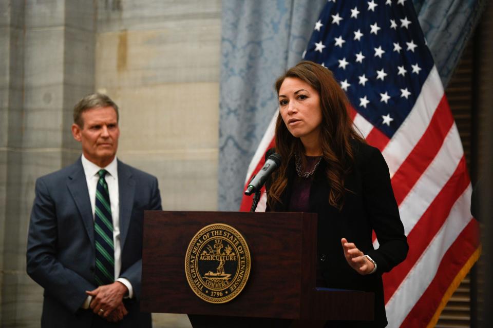 Education Commissioner Penny Schwinn and Gov. Bill Lee held a news conference on the state's efforts to revamp how it funds education on Thursday, Feb. 10, 2022. Schwinn announced Monday she will step down June 1.
