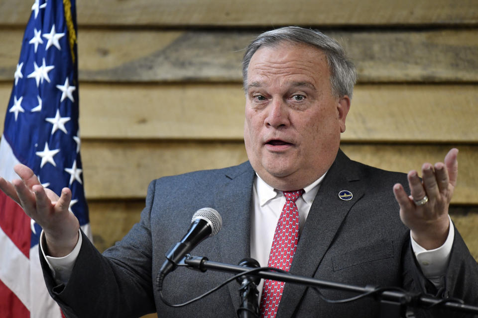 FILE - In this Nov. 25, 2019 file photo Kentucky Senate President Robert Stivers, R-Manchester, addresses community members at the dedication of a Recovery Community Center in in Manchester, Ky. Kentucky lawmakers passed a slimmed-down, one-year state budget Wednesday, April 1, 2020 without pay raises for school teachers or increased education funding — priorities that fell victim to the dramatic economic downturn caused by the coronavirus pandemic. (AP Photo/Timothy D. Easley)