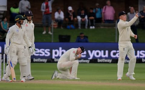 Ben Stokes, center, shows his disappointment after a catch is dropped during day two of the third cricket test between South Africa and England in Port Elizabeth, South Africa, Saturday, Jan. 18, 2020 - Credit: AP