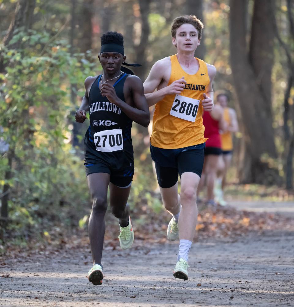 Middletown's Walter Samuels (6th place) and Salesianum's Colin Small (5th) run in the DIAA 2022 Cross Country Boy’s Division I Championship at Killens Pond State Park in Felton, Del.