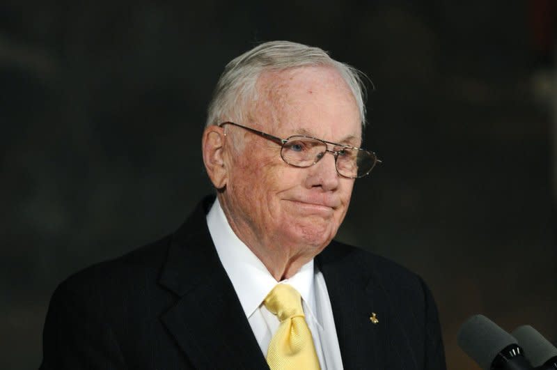 Neil Armstrong speaks during a Congressional Gold Medal Ceremony on Capitol Hill in Washington on November 16, 2011. On August 25, 2012, Armstrong, the first man to walk on the moon, died in Cincinnati. He was 82. File Photo by Roger L. Wollenberg/UPI