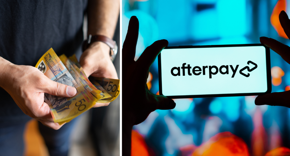 Man holding wad of $50 notes next to someone holding a phone that says Afterpay