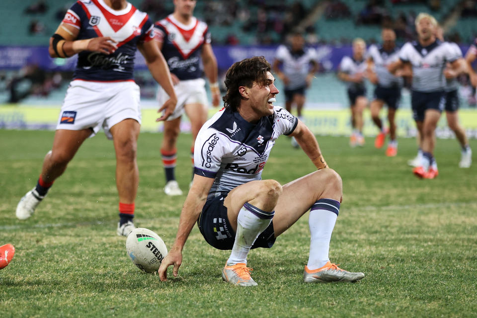 Seen here, Melbourne rookie Grant Anderson celebrates scoring a try against the Roosters at the SCG. 