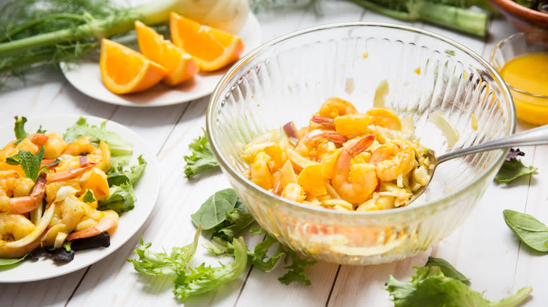 shrimp salad served on table 