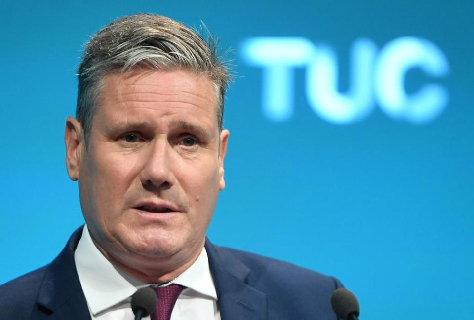 Sir Keir Starmer delivers his speech virtually at the TUC conference  (EPA)