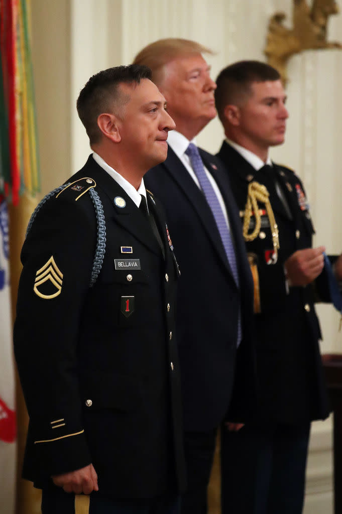 WASHINGTON, DC - JUNE 25: U.S. President Donald Trump awards the Medal of Honor the U.S. Army Staff Sgt. David Bellavia Ret., during a ceremony in the East Room at the White House, on June 25, 2019 in Washington, DC. Staff Sgt. Bellavia is receiving the nation’s highest military honor for his heroism for rescuing his squad and clearing out a house full of Iraqi insurgents during the Second Battle of Fallujah in Iraq in 2004. (Photo by Mark Wilson/Getty Images) | Mark Wilson—Getty Images